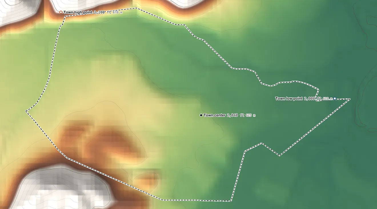 Topographic elevation map of Mill Creek, West Virginia, shaded from 2,000 ft on the east side to 2,200 ft on the northwest edge, below higher ground just outside