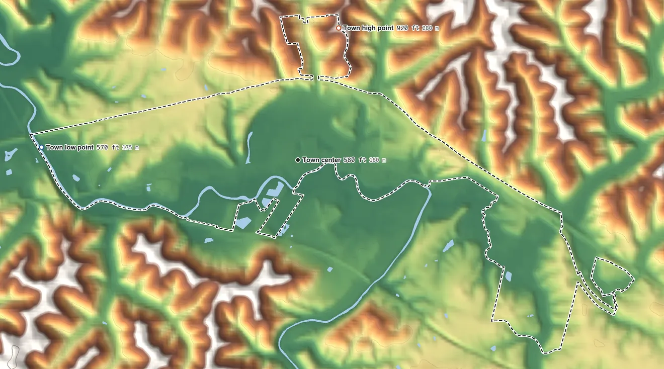 Topographic elevation map of Milton, West Virginia, shaded from 570 ft on the west side to 920 ft on the north side