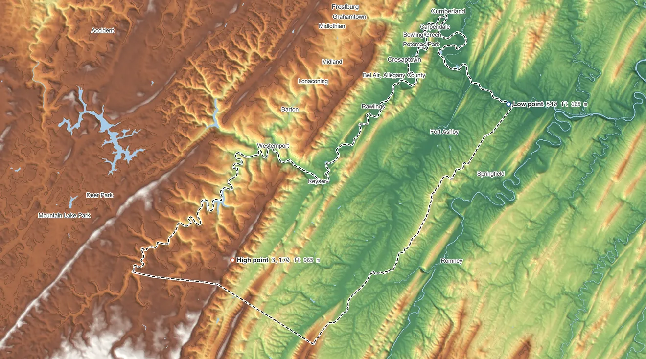 Topographic elevation map of Mineral County, West Virginia, shaded from 540 ft on the east side to 3,170 ft on Black Rock