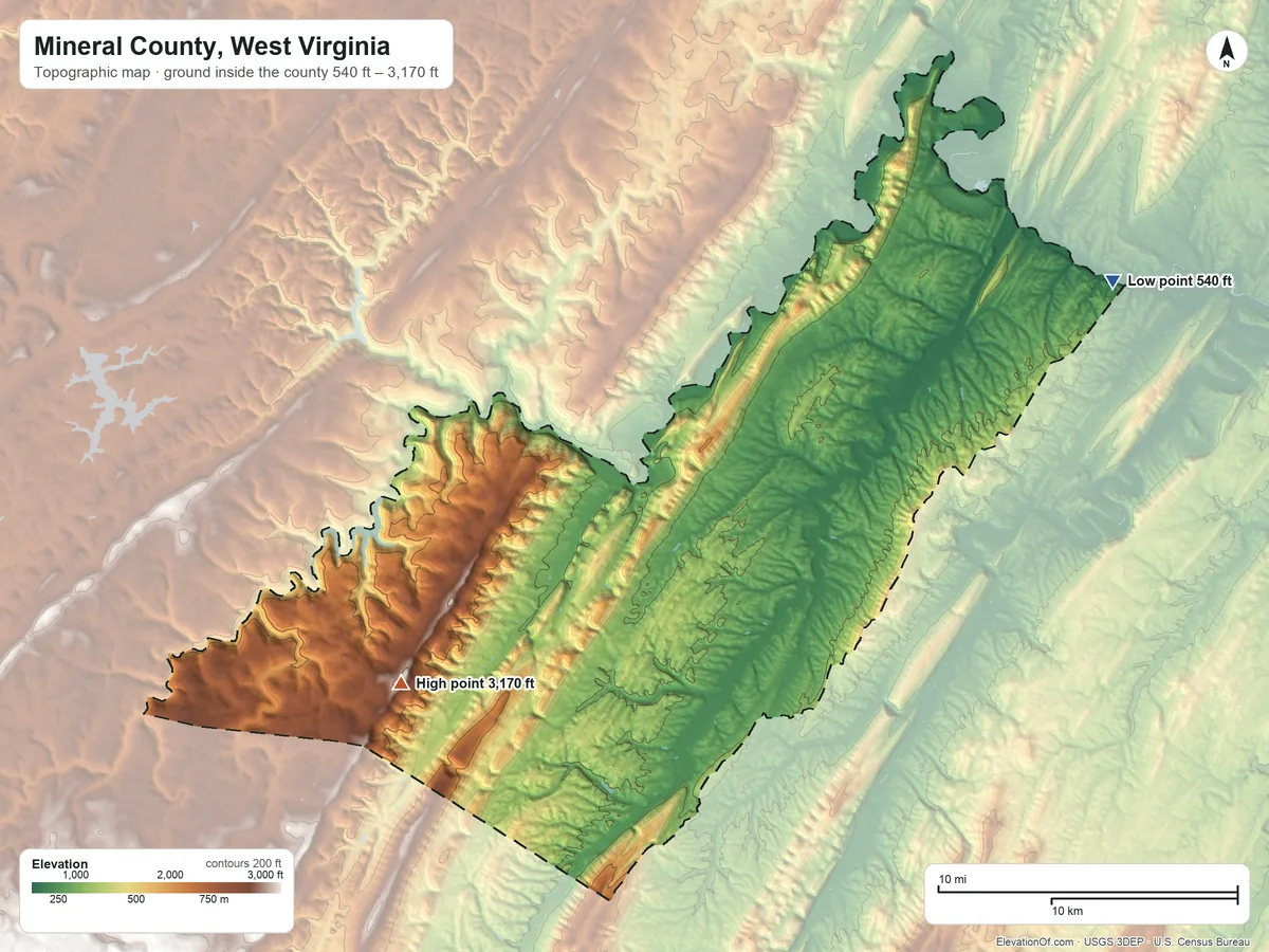 Topographic elevation map of Mineral County, West Virginia, shaded from 540 ft on the east side to 3,170 ft on Black Rock
