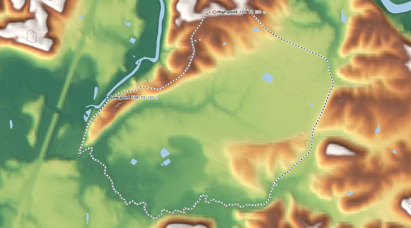 Topographic elevation map of Mineralwells, West Virginia, shaded from 590 ft on the west side to 760 ft on the north side