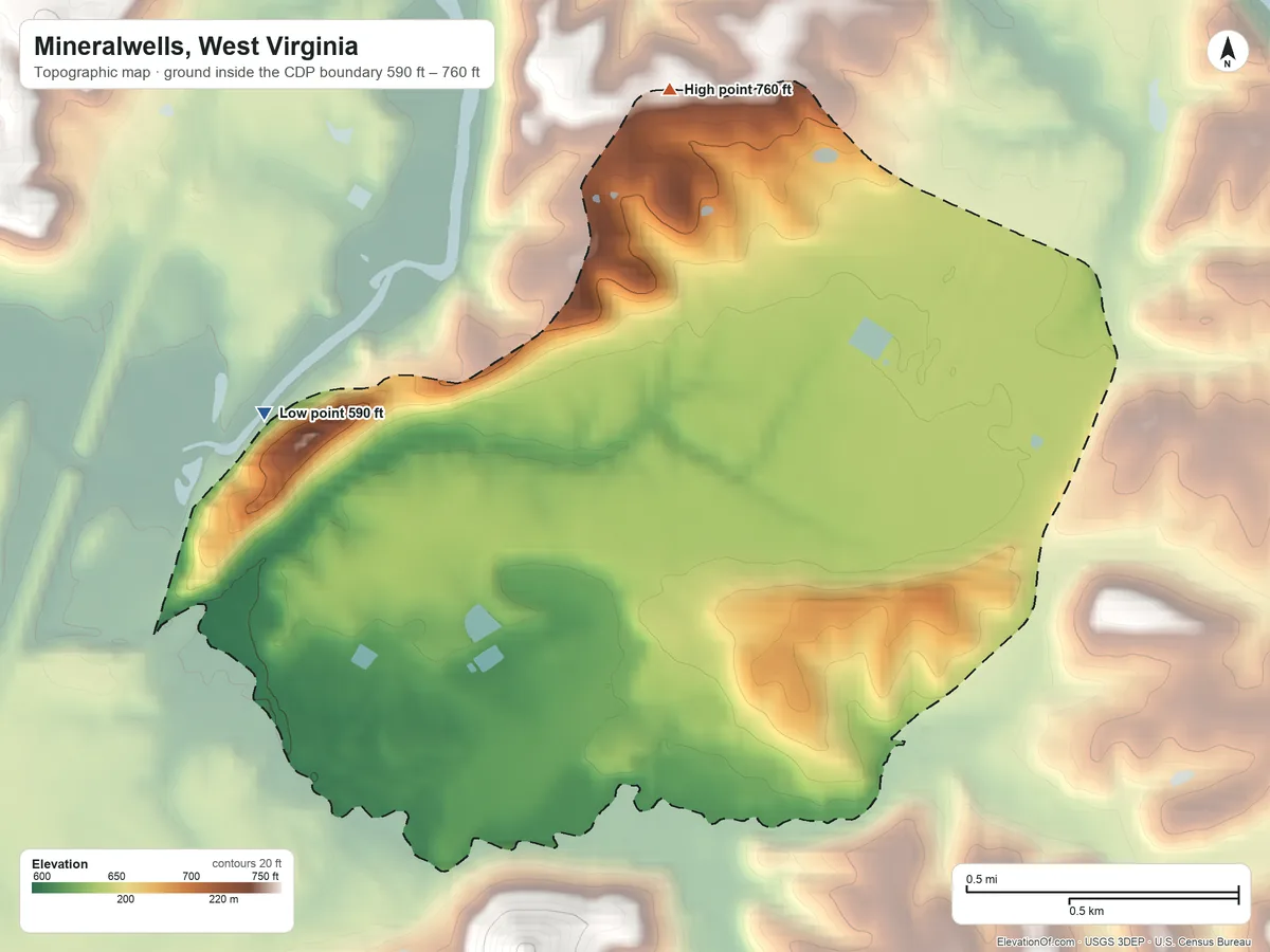 Topographic elevation map of Mineralwells, West Virginia, shaded from 590 ft on the west side to 760 ft on the north side