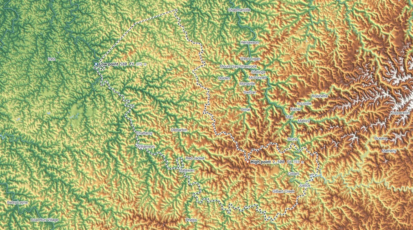 Topographic elevation map of Mingo County, West Virginia, shaded from 580 ft on the northwest side to 2,500 ft on the southeast side