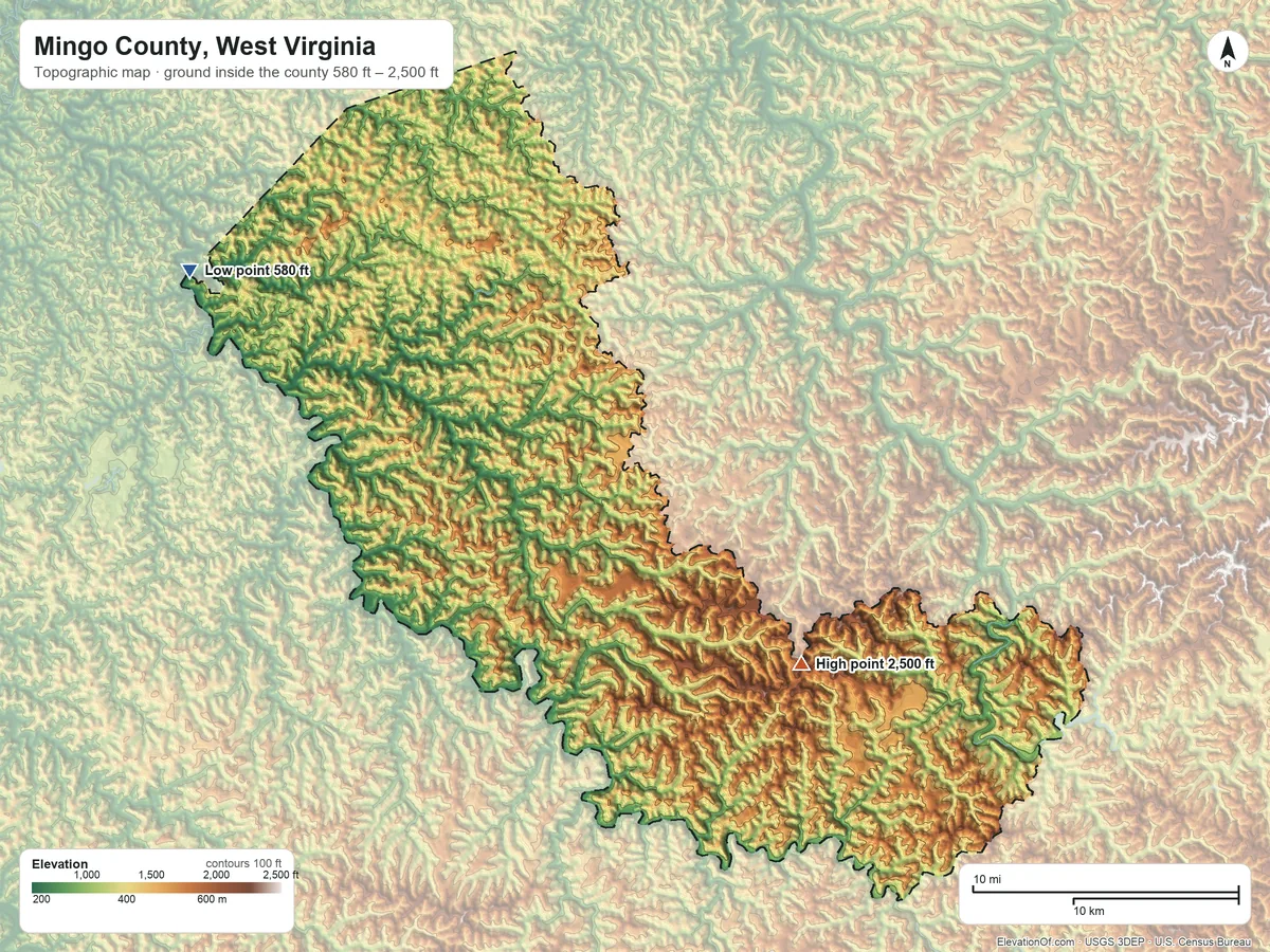 Topographic elevation map of Mingo County, West Virginia, shaded from 580 ft on the northwest side to 2,500 ft on the southeast side