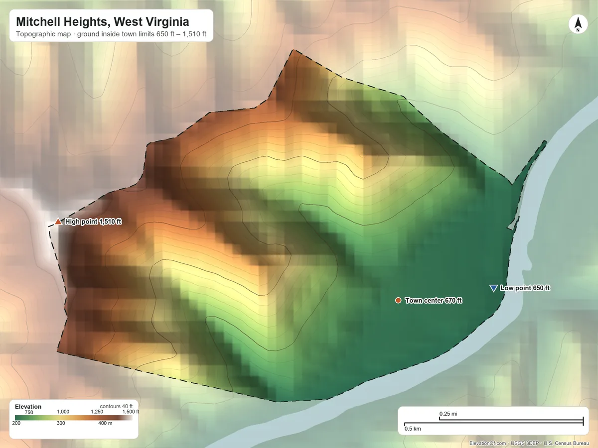 Topographic elevation map of Mitchell Heights, West Virginia, shaded from 650 ft on the east side to 1,510 ft on the west edge, below higher ground just outside