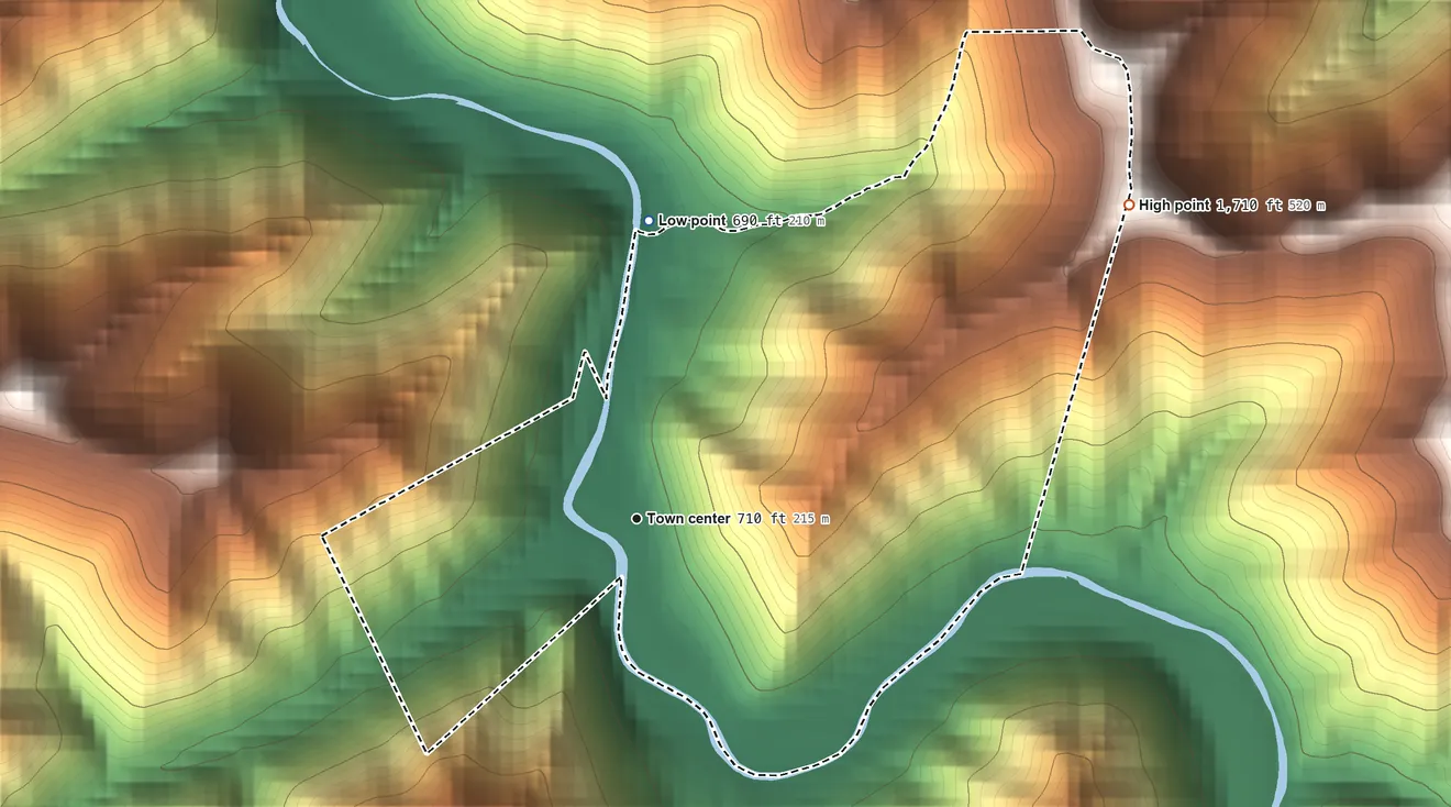 Topographic elevation map of Monaville, West Virginia, shaded from 690 ft on the north side to 1,710 ft on the northeast side