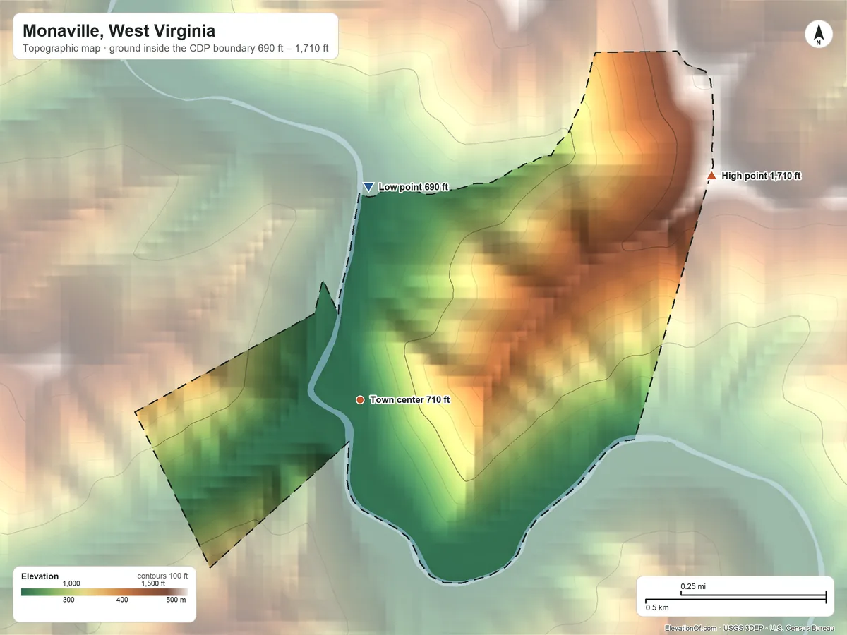 Topographic elevation map of Monaville, West Virginia, shaded from 690 ft on the north side to 1,710 ft on the northeast side