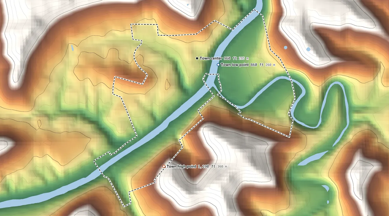 Topographic elevation map of Monongah, West Virginia, shaded from 860 ft near the middle to 1,190 ft on the south side