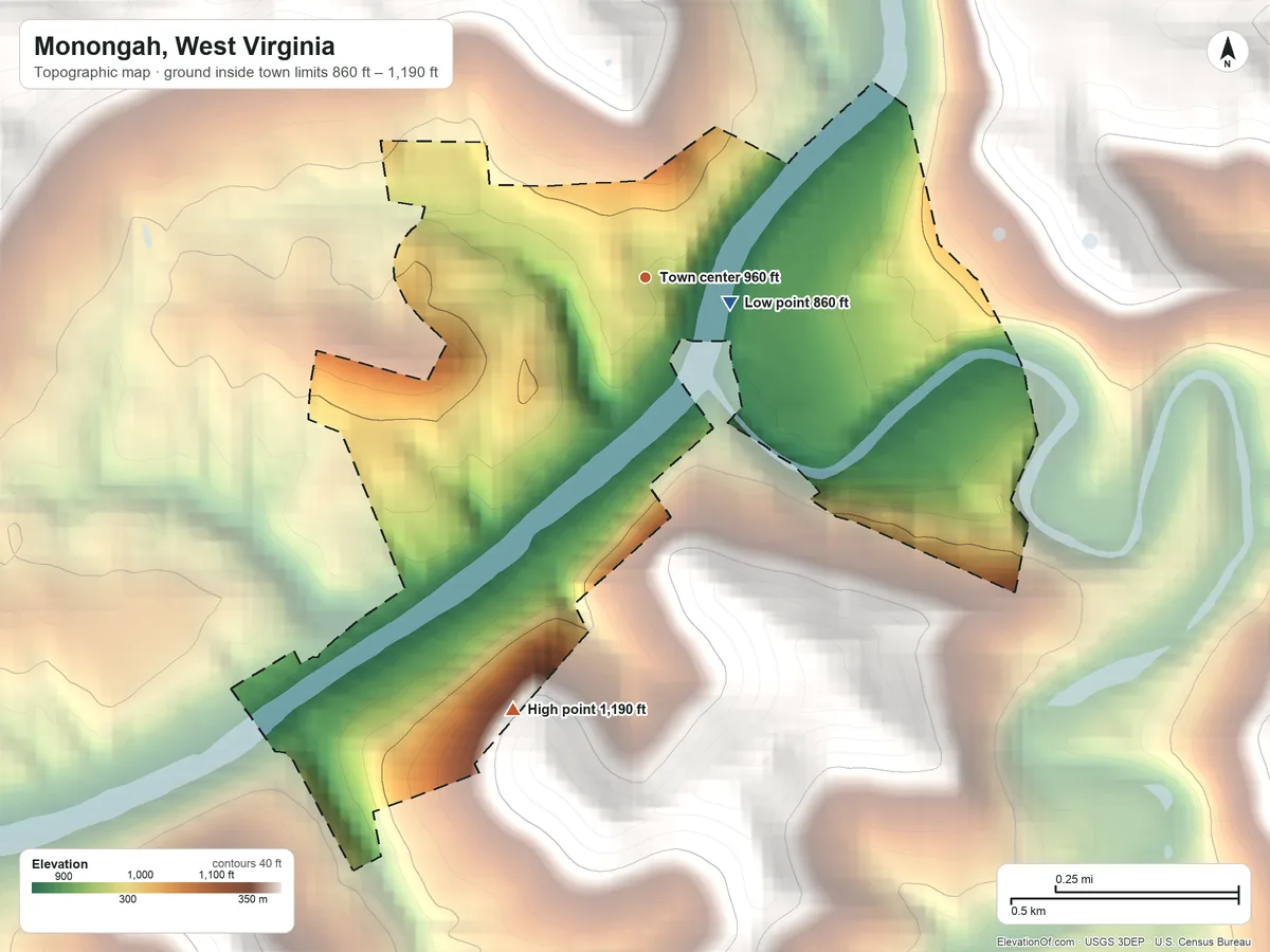 Topographic elevation map of Monongah, West Virginia, shaded from 860 ft near the middle to 1,190 ft on the south side