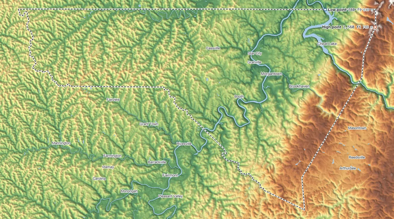 Topographic elevation map of Monongalia County, West Virginia, shaded from 780 ft on the northeast side to 2,560 ft on the northeast side