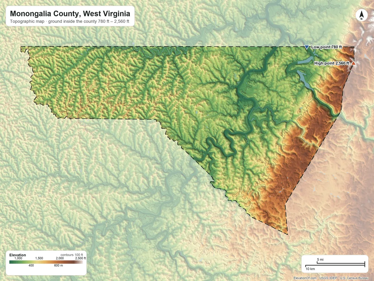 Topographic elevation map of Monongalia County, West Virginia, shaded from 780 ft on the northeast side to 2,560 ft on the northeast side