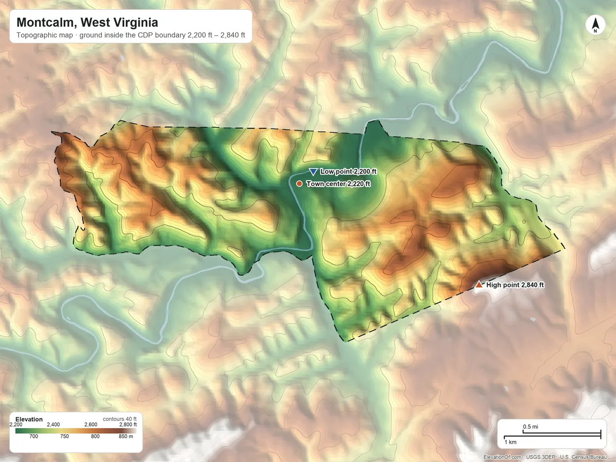 Topographic elevation map of Montcalm, West Virginia, shaded from 2,200 ft near the middle to 2,840 ft on the southeast side