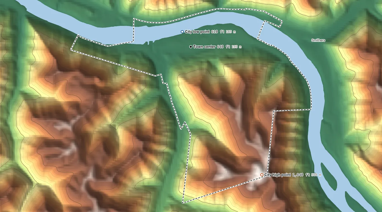 Topographic elevation map of Montgomery, West Virginia, shaded from 610 ft near the middle to 1,840 ft on the southeast side