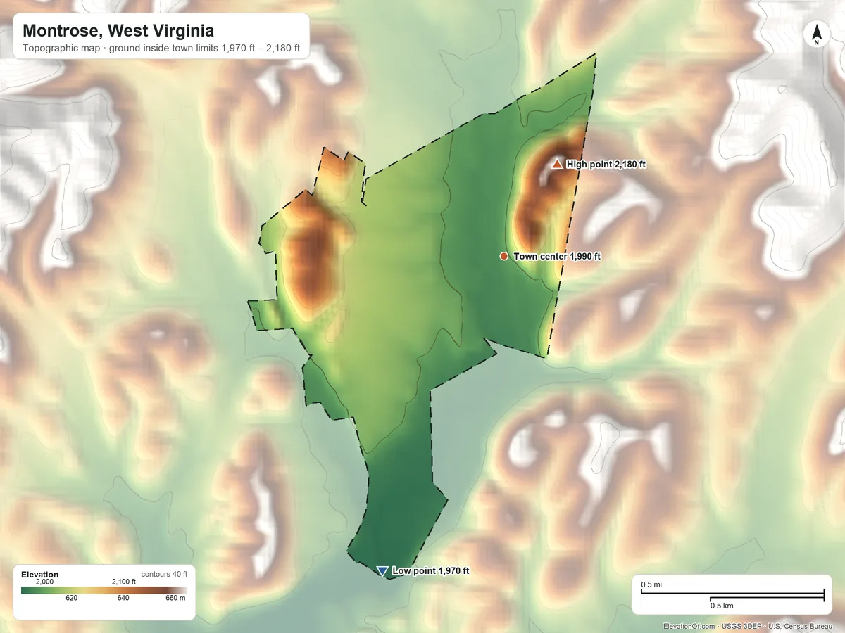 Topographic elevation map of Montrose, West Virginia, shaded from 1,970 ft on the south side to 2,180 ft at the foot of the Backbone Mountain