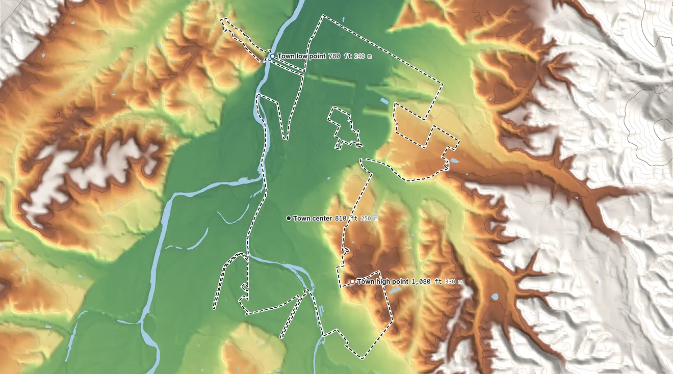 Topographic elevation map of Moorefield, West Virginia, shaded from 780 ft on the north side to 1,080 ft on the southeast side