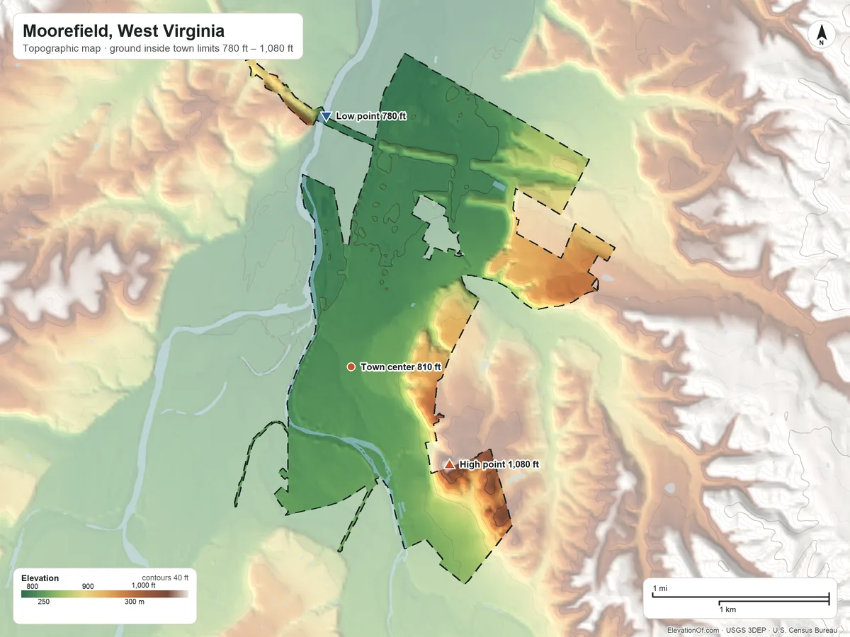 Topographic elevation map of Moorefield, West Virginia, shaded from 780 ft on the north side to 1,080 ft on the southeast side