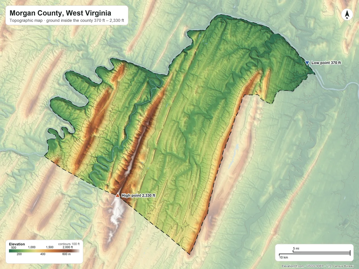 Topographic elevation map of Morgan County, West Virginia, shaded from 370 ft on the northeast side to 2,330 ft on the southwest side