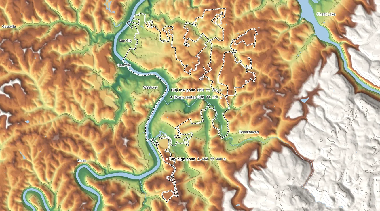 Topographic elevation map of Morgantown, West Virginia, shaded from 800 ft near the middle to 1,437 ft on Dorsey Knob