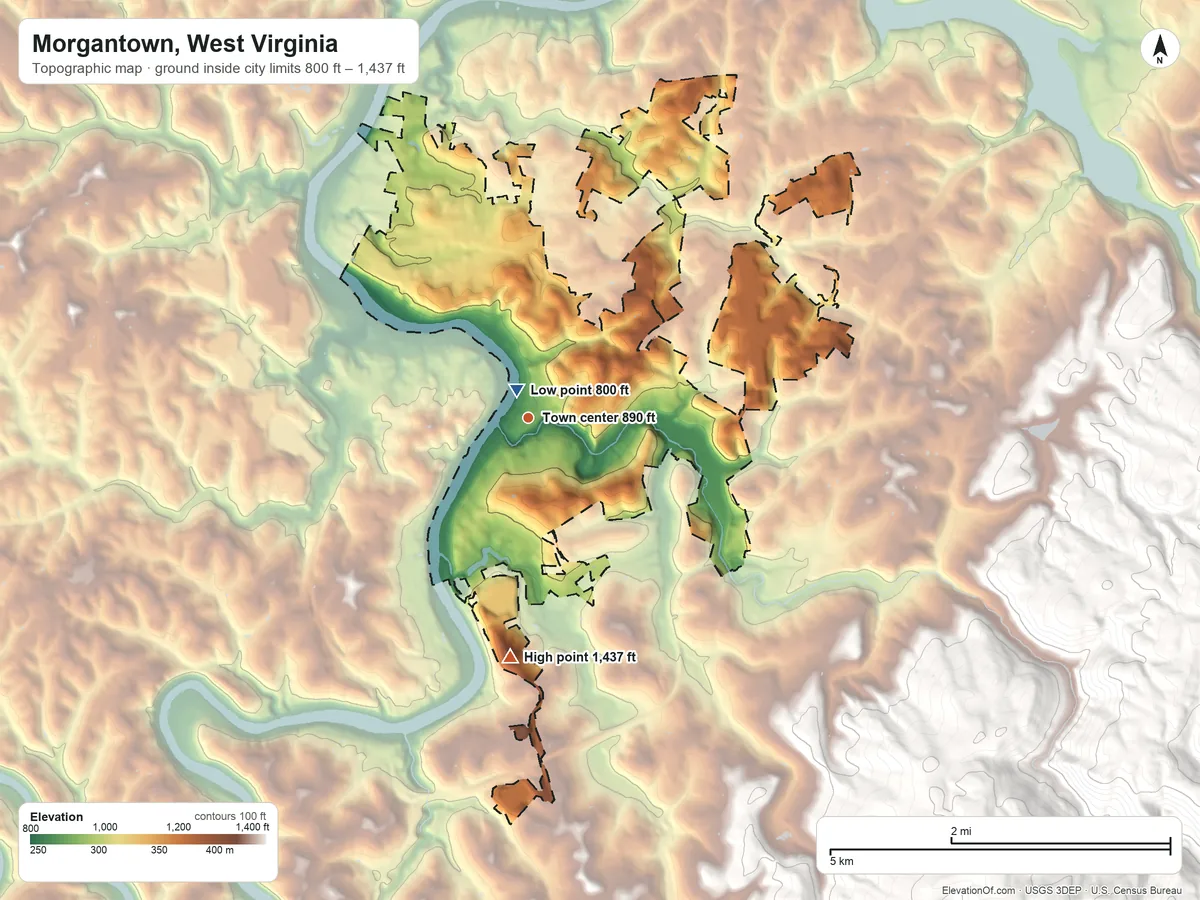 Topographic elevation map of Morgantown, West Virginia, shaded from 800 ft near the middle to 1,437 ft on Dorsey Knob