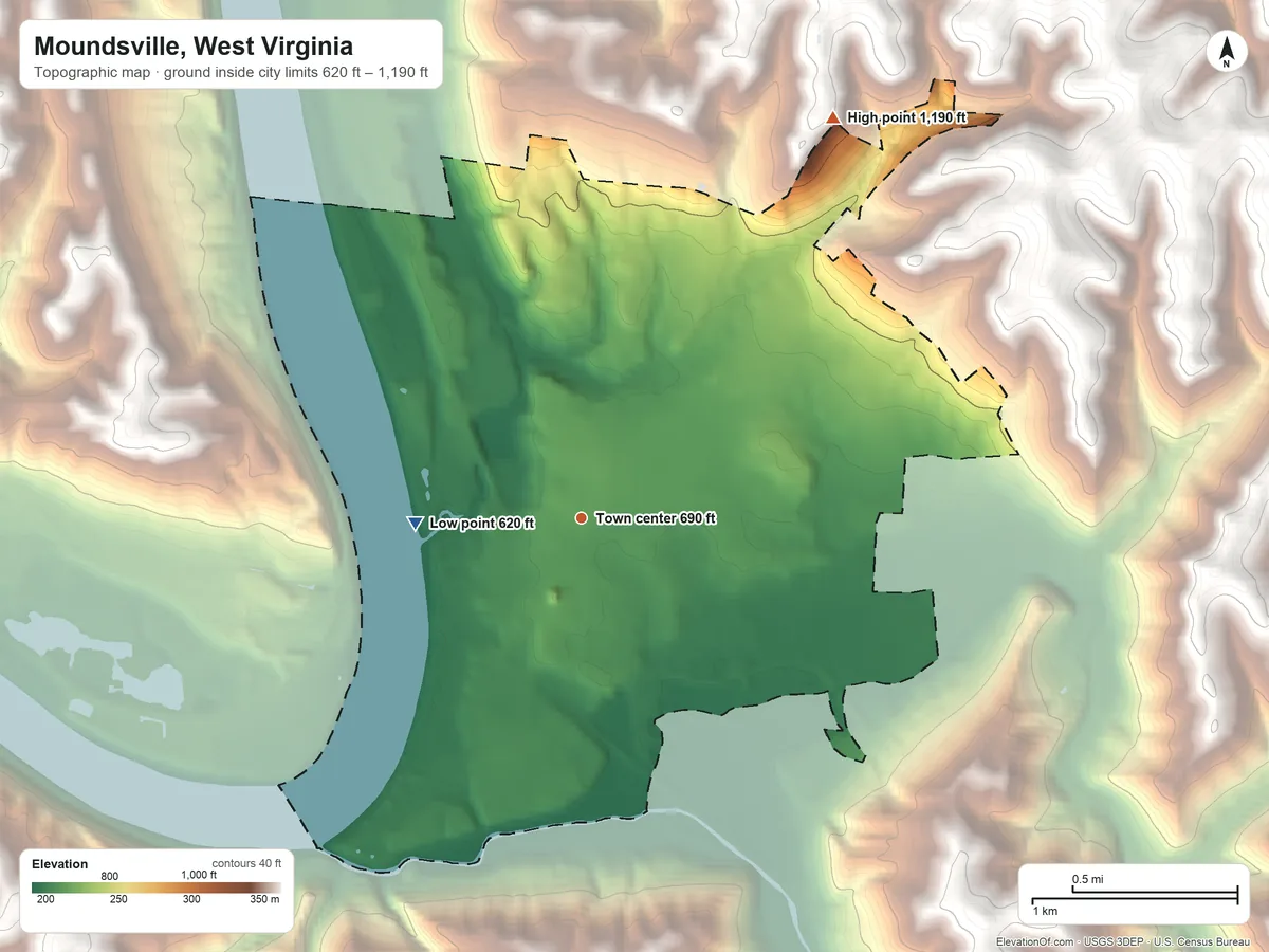 Topographic elevation map of Moundsville, West Virginia, shaded from 620 ft on the west side to 1,190 ft on the northeast side