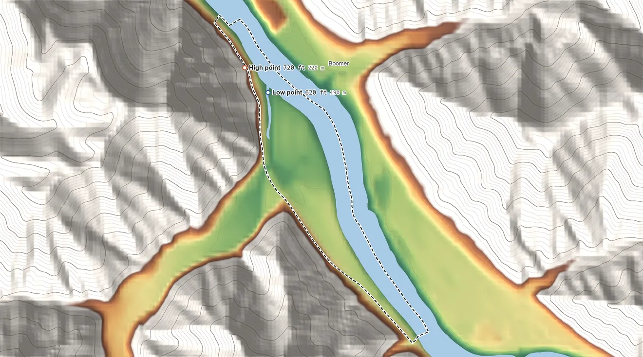 Topographic elevation map of Mount Carbon, West Virginia, shaded from 620 ft on the northwest side to 720 ft on the northwest edge, below higher ground just outside