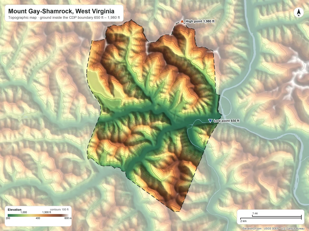 Topographic elevation map of Mount Gay-Shamrock, West Virginia, shaded from 650 ft on the east side to 1,980 ft on the north side