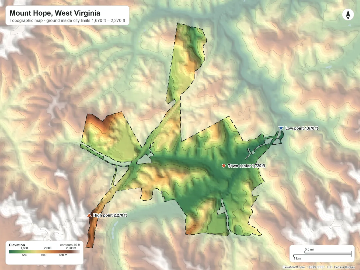 Topographic elevation map of Mount Hope, West Virginia, shaded from 1,670 ft on the northeast side to 2,270 ft on the west side