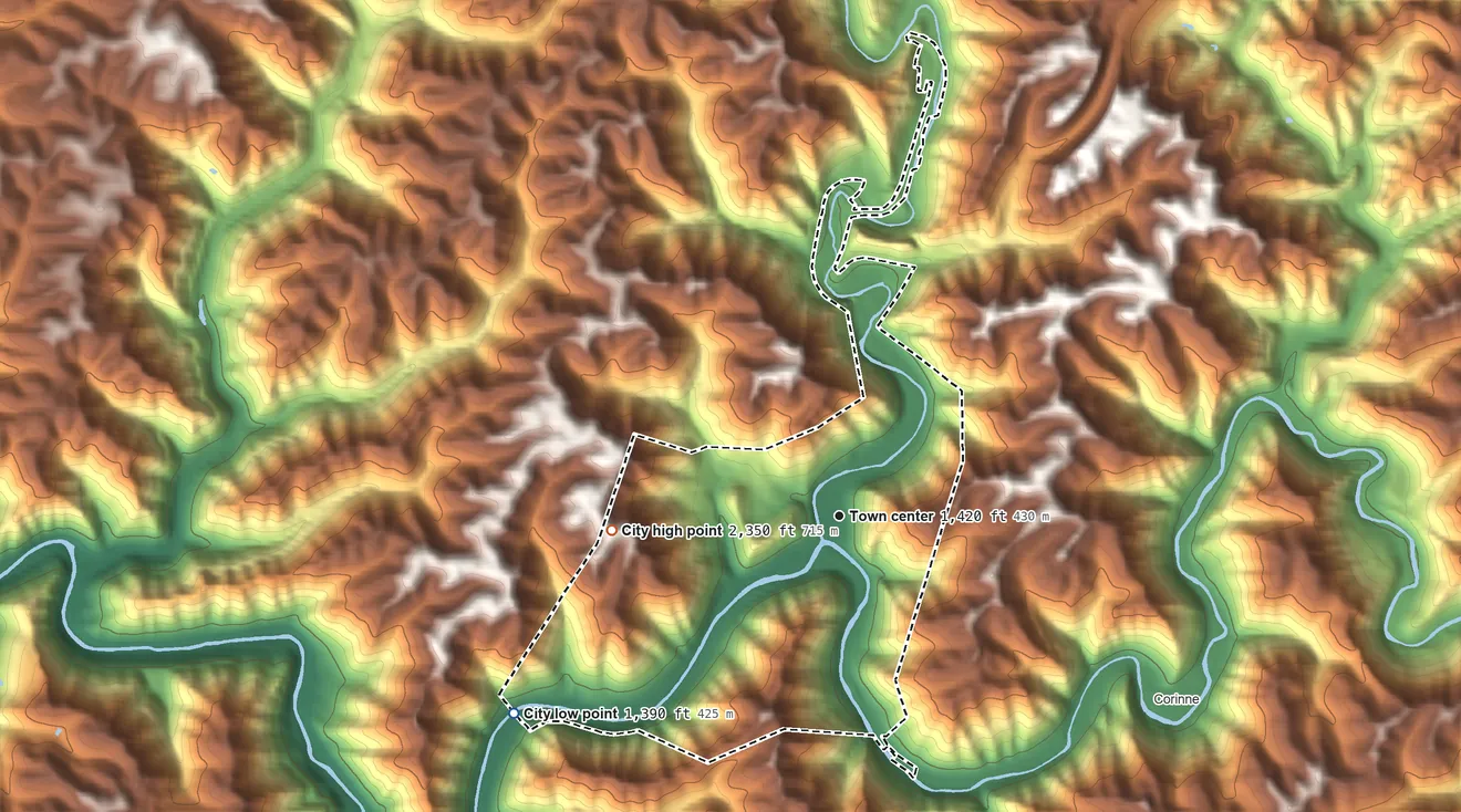 Topographic elevation map of Mullens, West Virginia, shaded from 1,390 ft on the southwest side to 2,350 ft on the west side