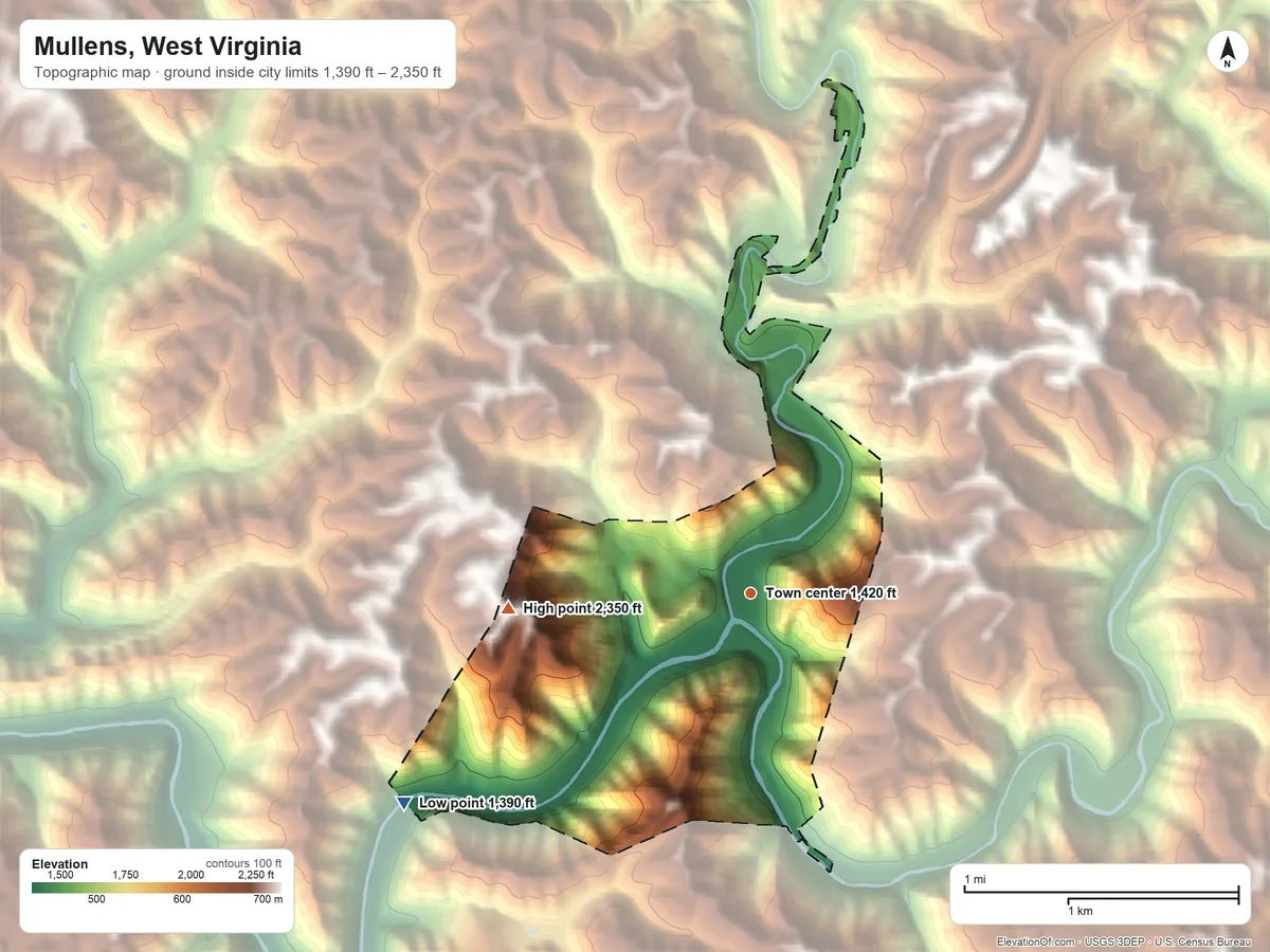 Topographic elevation map of Mullens, West Virginia, shaded from 1,390 ft on the southwest side to 2,350 ft on the west side