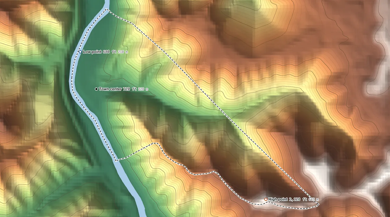 Topographic elevation map of Neibert, West Virginia, shaded from 680 ft on the northwest side to 2,120 ft on the southeast side