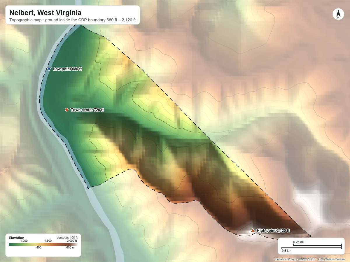 Topographic elevation map of Neibert, West Virginia, shaded from 680 ft on the northwest side to 2,120 ft on the southeast side