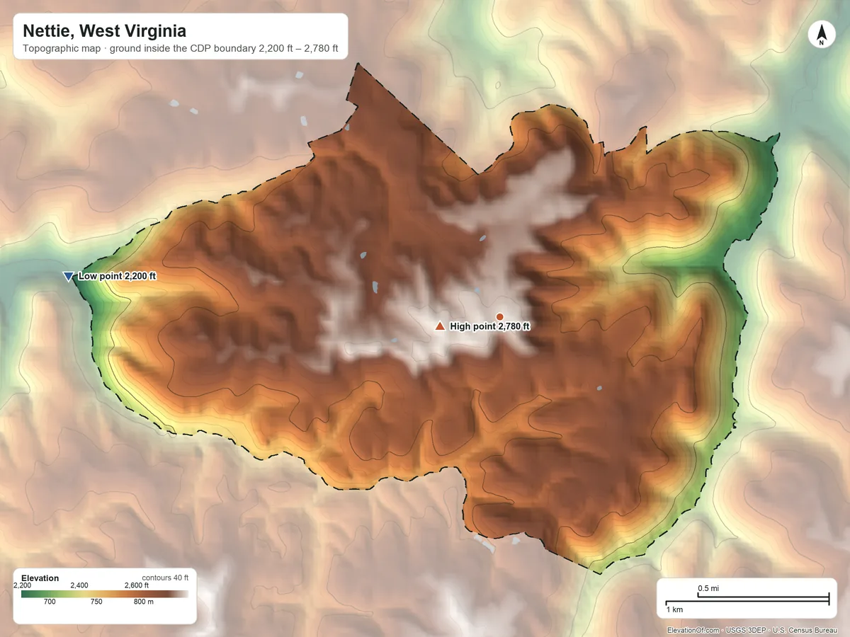 Topographic elevation map of Nettie, West Virginia, shaded from 2,200 ft on the west side to 2,780 ft near the middle