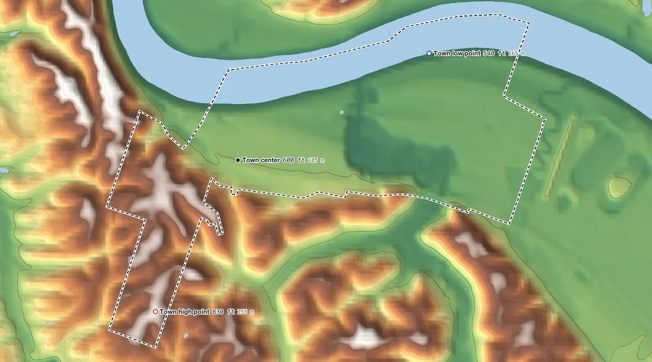 Topographic elevation map of New Haven, West Virginia, shaded from 540 ft on the northeast side to 830 ft on the southwest side