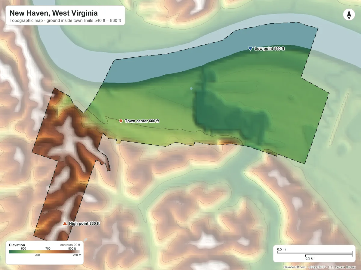 Topographic elevation map of New Haven, West Virginia, shaded from 540 ft on the northeast side to 830 ft on the southwest side