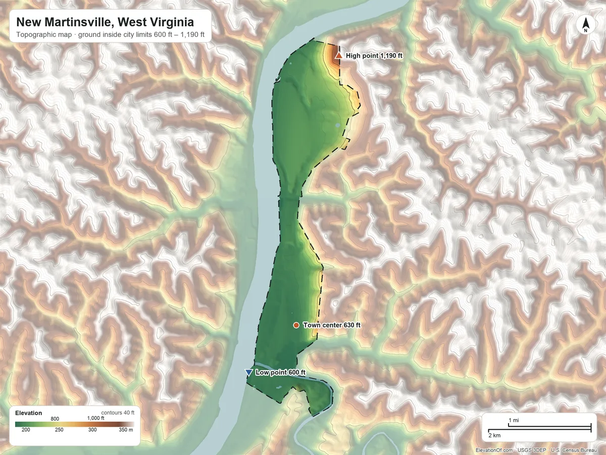 Topographic elevation map of New Martinsville, West Virginia, shaded from 600 ft on the southwest side to 1,190 ft on the north side