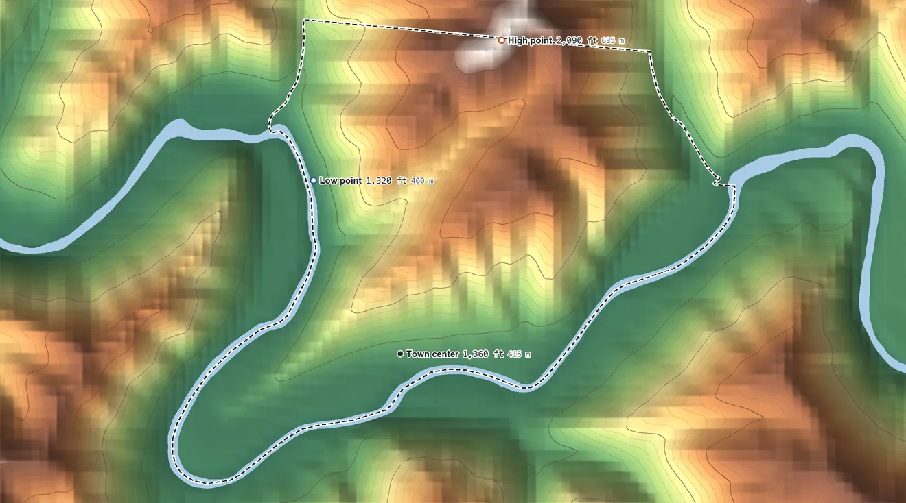 Topographic elevation map of New Richmond, West Virginia, shaded from 1,320 ft on the northwest side to 2,090 ft on the north side
