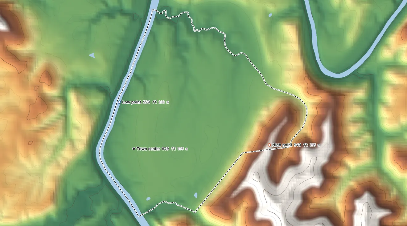 Topographic elevation map of Newark, West Virginia, shaded from 590 ft on the north side to 940 ft on the east side