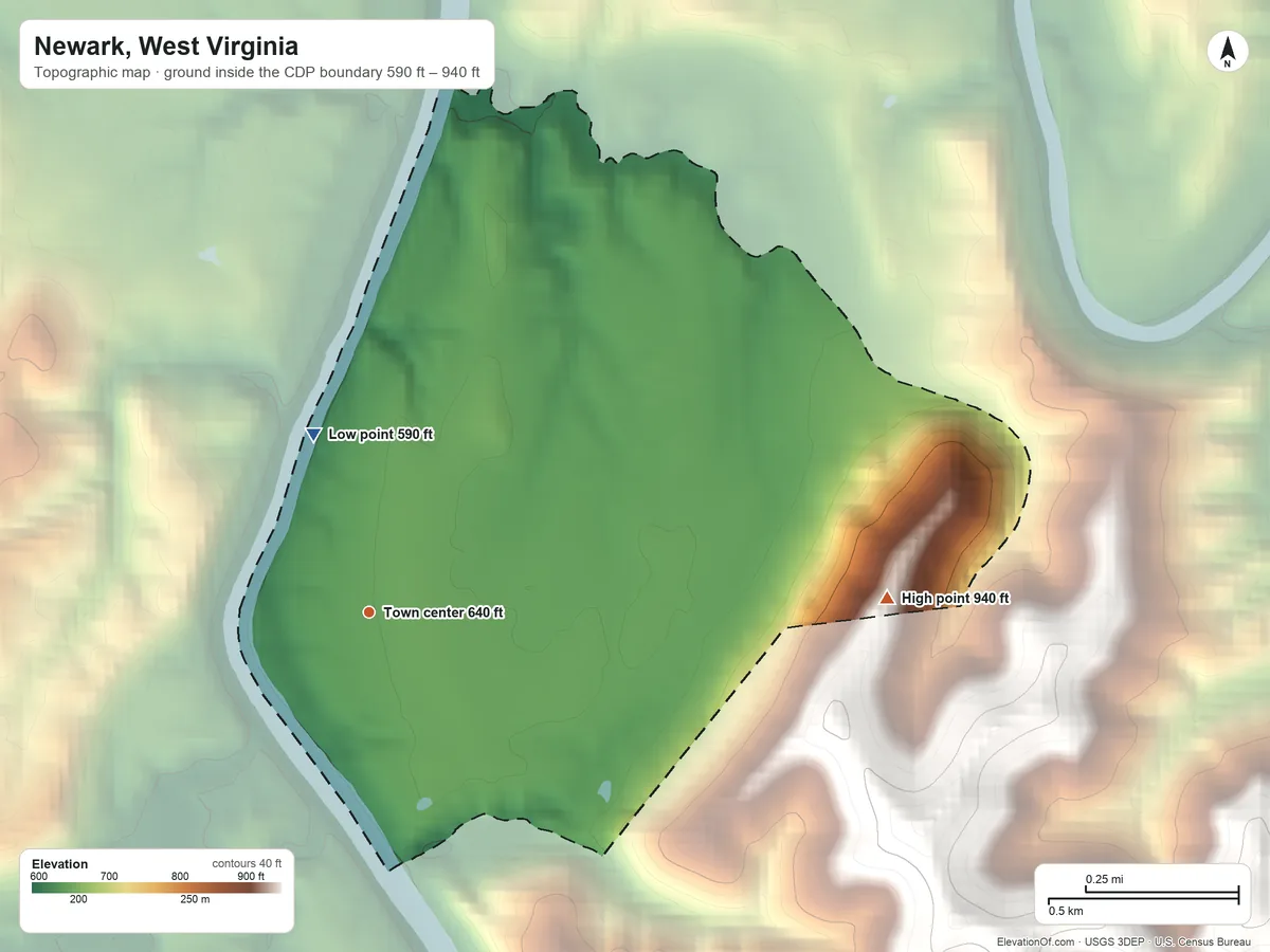 Topographic elevation map of Newark, West Virginia, shaded from 590 ft on the north side to 940 ft on the east side