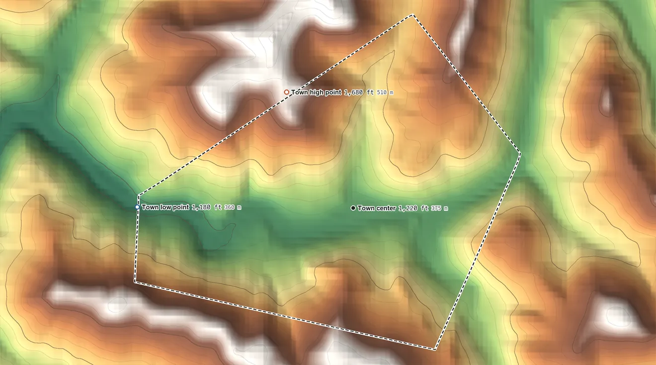 Topographic elevation map of Newburg, West Virginia, shaded from 1,180 ft on the west side to 1,680 ft on the northwest side