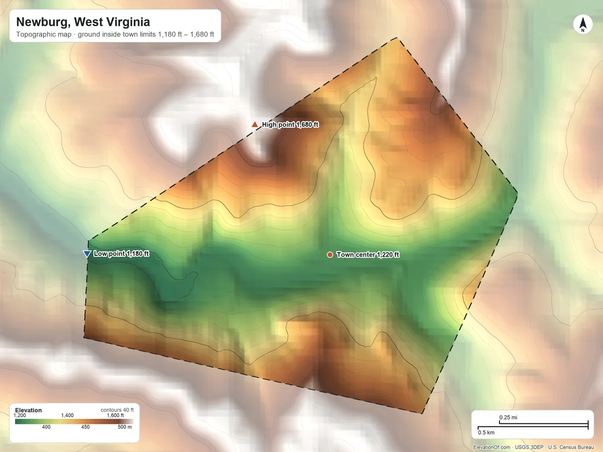 Topographic elevation map of Newburg, West Virginia, shaded from 1,180 ft on the west side to 1,680 ft on the northwest side