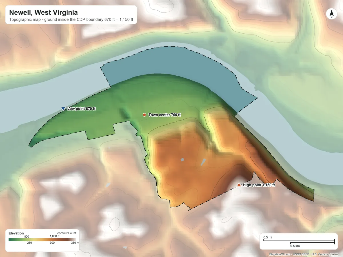 Topographic elevation map of Newell, West Virginia, shaded from 670 ft on the west side to 1,150 ft on the southeast side