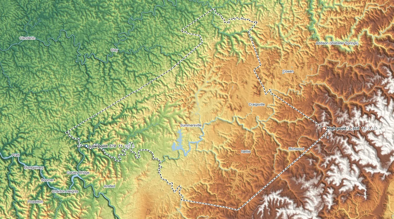 Topographic elevation map of Nicholas County, West Virginia, shaded from 670 ft on the west side to 3,860 ft on the east side