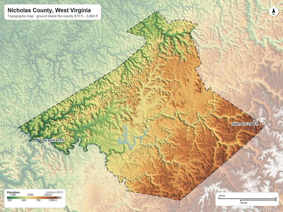 Topographic elevation map of Nicholas County, West Virginia, shaded from 670 ft on the west side to 3,860 ft on the east side