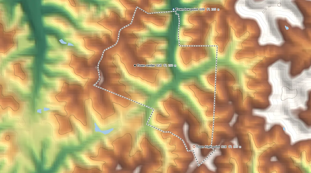 Topographic elevation map of North Hills, West Virginia, shaded from 680 ft on the northeast side to 910 ft on the southeast side