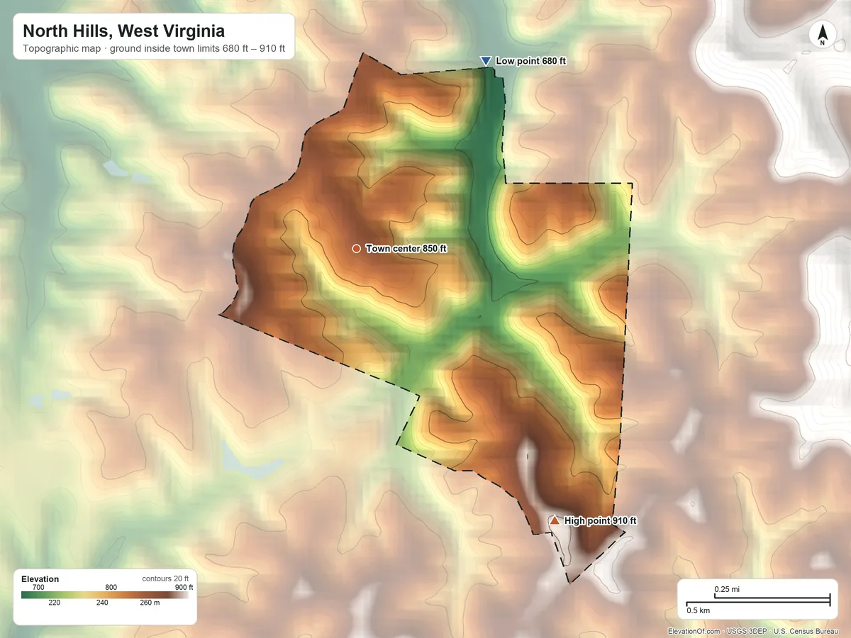 Topographic elevation map of North Hills, West Virginia, shaded from 680 ft on the northeast side to 910 ft on the southeast side