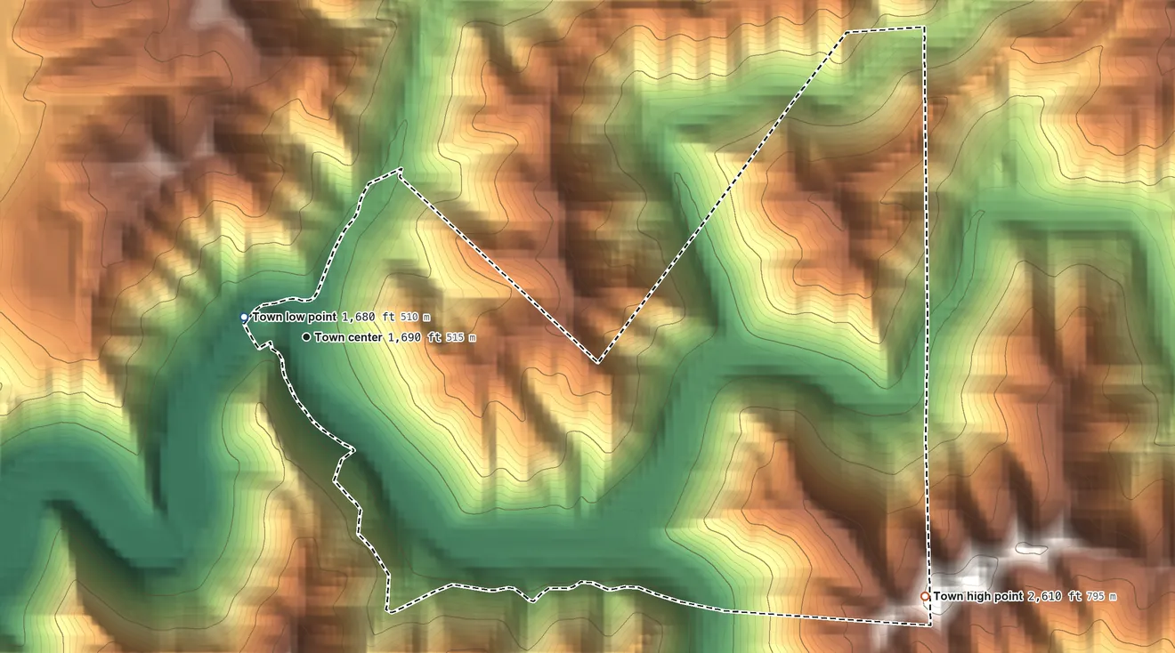 Topographic elevation map of Northfork, West Virginia, shaded from 1,680 ft near the middle to 2,610 ft on the southeast side