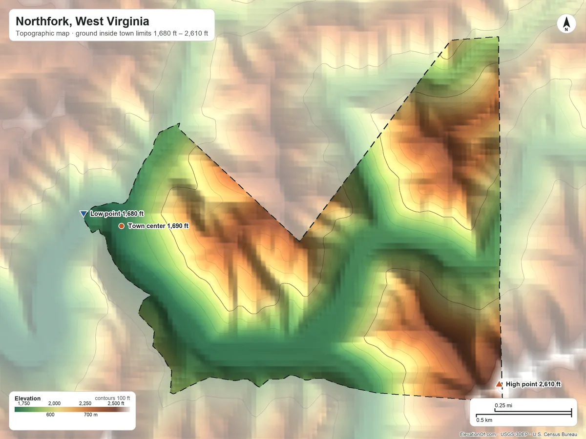 Topographic elevation map of Northfork, West Virginia, shaded from 1,680 ft near the middle to 2,610 ft on the southeast side