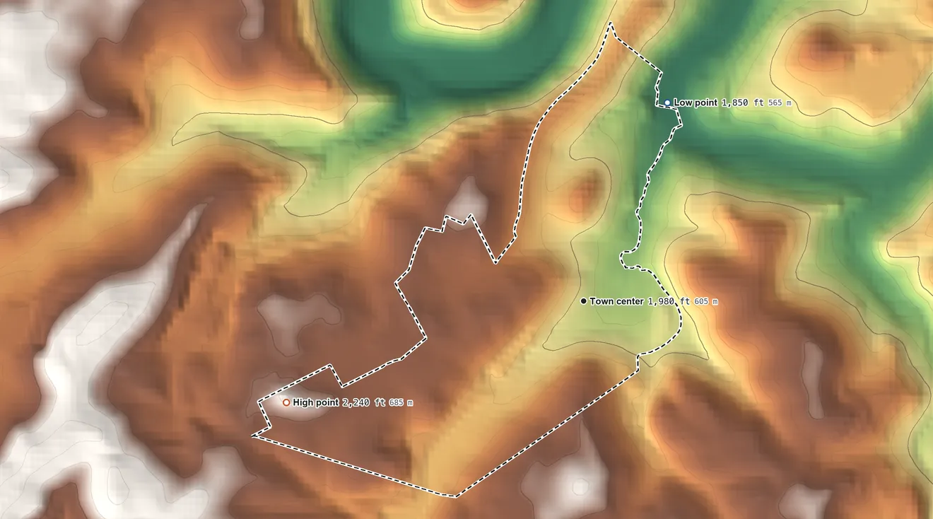 Topographic elevation map of Norton, West Virginia, shaded from 1,850 ft on the northeast side to 2,240 ft on the west side