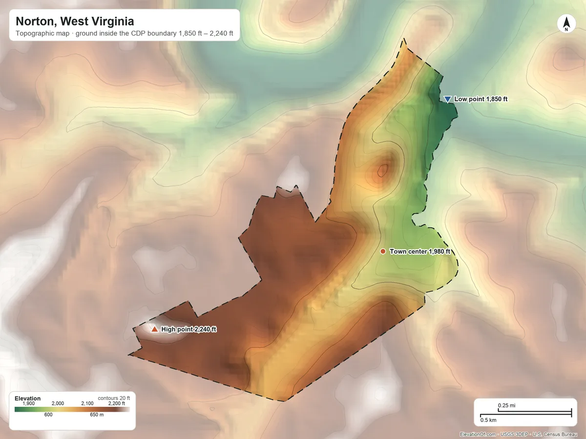 Topographic elevation map of Norton, West Virginia, shaded from 1,850 ft on the northeast side to 2,240 ft on the west side