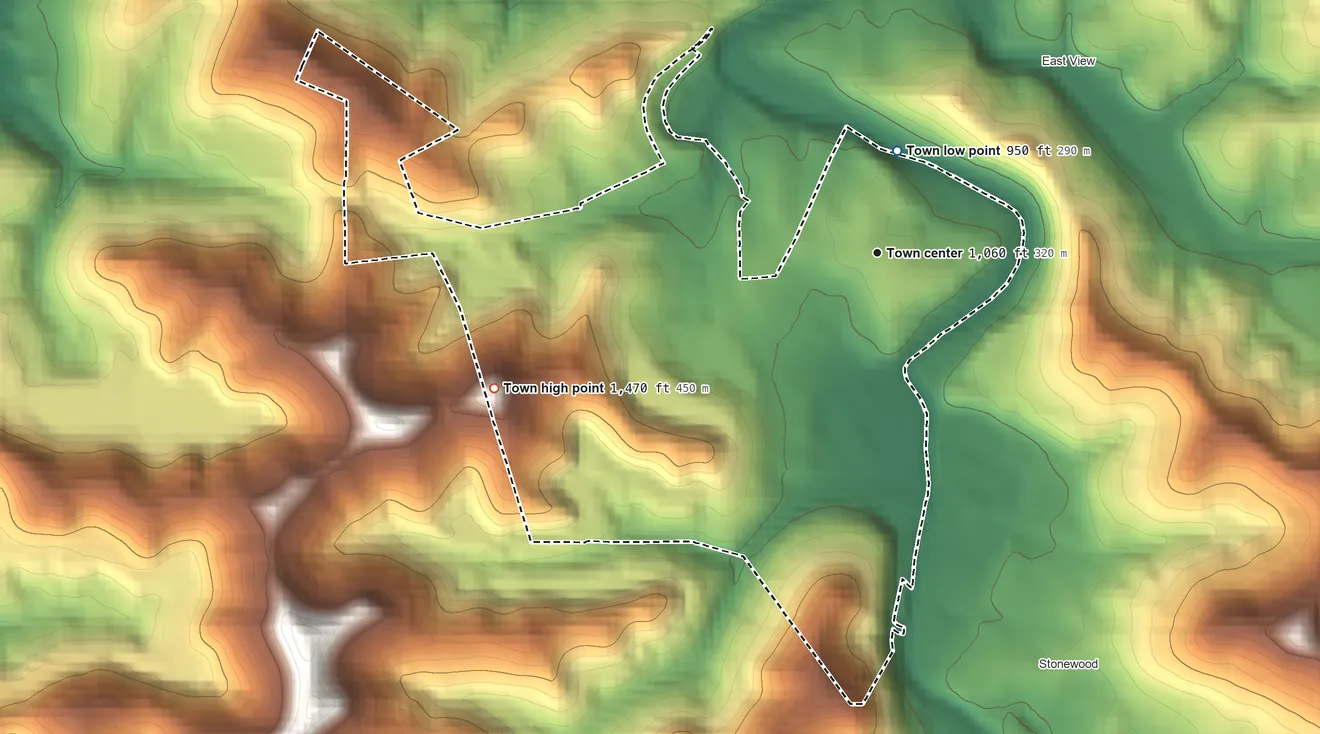 Topographic elevation map of Nutter Fort, West Virginia, shaded from 950 ft on the north side to 1,470 ft on the west side